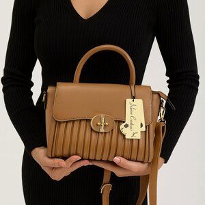 Taupe Pleated Crossbody Bag w/ Top Handle & Pockets